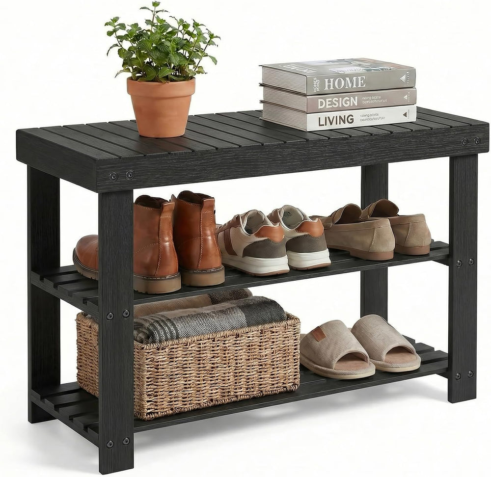 Shoe Rack Bench, 3 Tier Shoe Storage Bench, 28 Inch Bamboo Shoe Organizer, En...