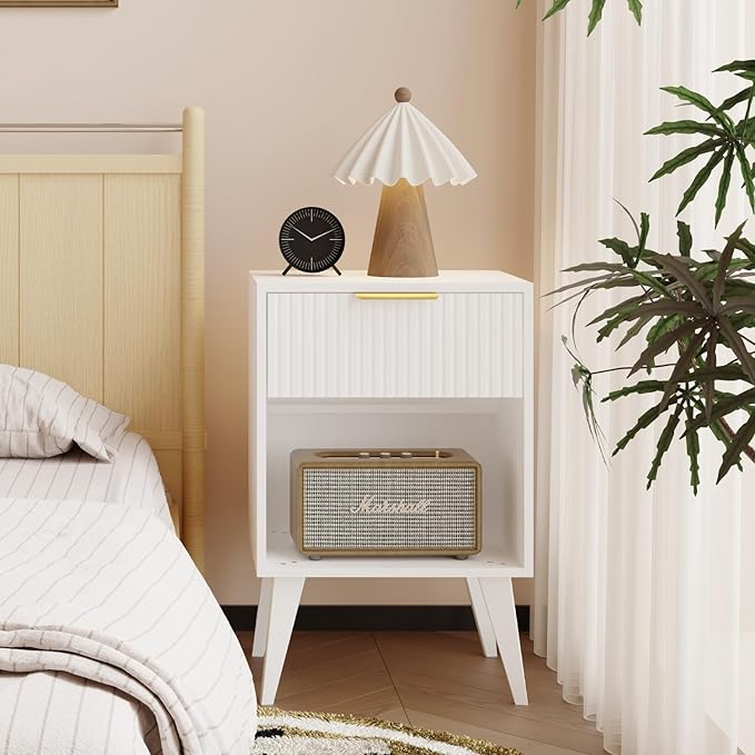 Fluted Night Stand with Opening Storage,Mid Century Bedside Table with Drawer...