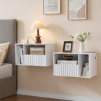 Modern Matte White Fluted Floating Nightstand with Charging Station, NightStand with Drawers, Bedside with USB Ports and Outlets, Bedroom Furniture (Set of 2)