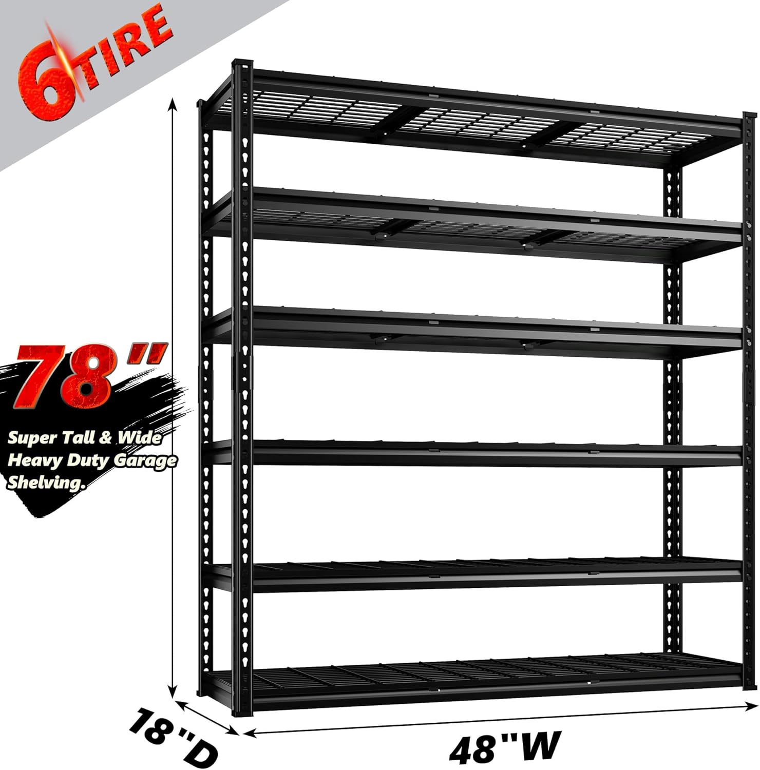 REIBII 3300LBS Garage Shelving 78" H Storage Shelves Heavy Duty 6-Tier Adjustable Matel Shelving Easy Assembly Storage Shelf for Garage Basement Warehouse Pantry, 48" W X 18" D X 78" H