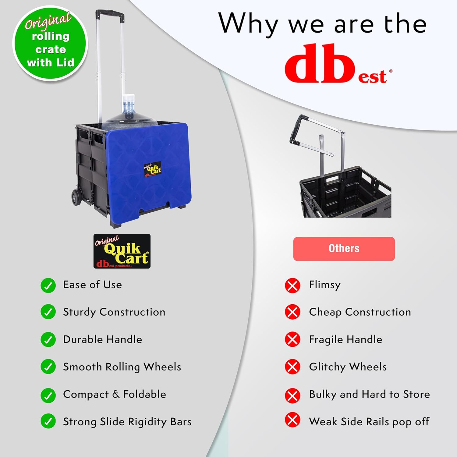 dbest products Quik Cart Collapsible Rolling Crate on Wheels for Teachers Tote Basket, 80 lbs Capacity, Blue Lid Made from Heavy Duty Plastic and used as a Seat