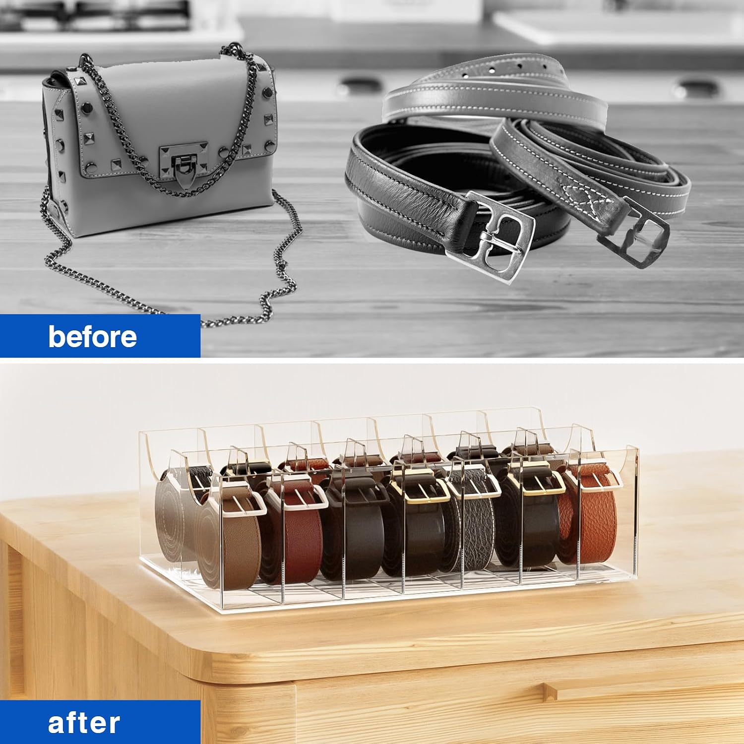 Large Acrylic Belt Organizer, Clear 14 Compartments Storage with Dust Cover, Display Holder for Home
