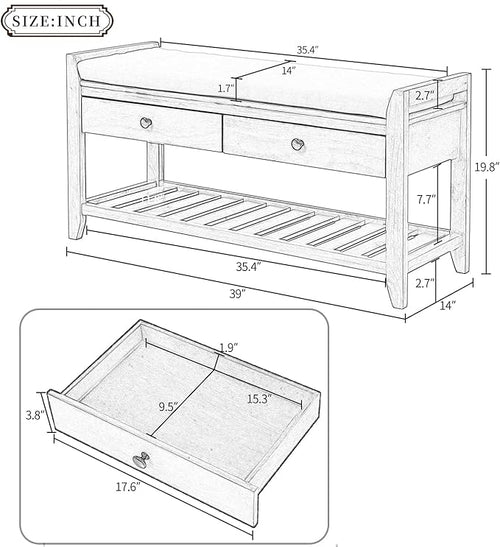 39″ Storage Bench with Cushioned Seat and Drawers,Multipurpose Wooden Entryway Ottoman,Hidden Compartment Organizing Shoe Rack,for Bedroom Hallway Porch,White