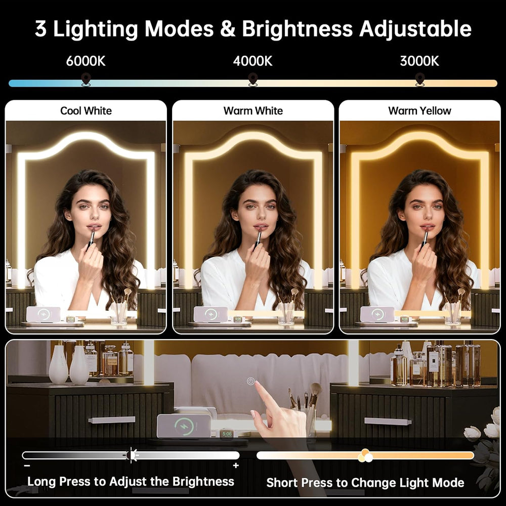 Corner Vanity with Mirror and Lights, Vanity Set with Tri-Way Mirrors | Makeu...