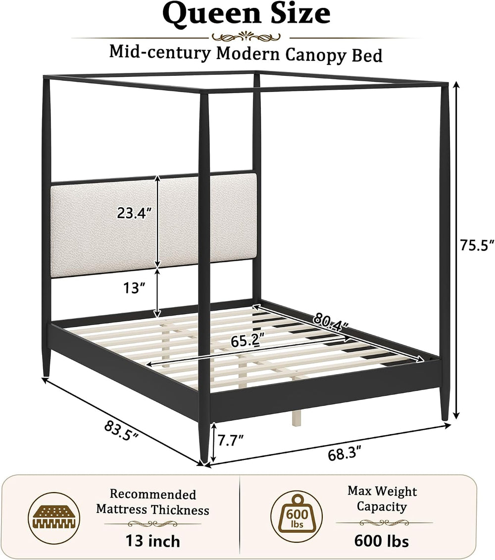 Merax Black Queen Size Canopy Bed Frame with Boucle Headboard and 4 Poster