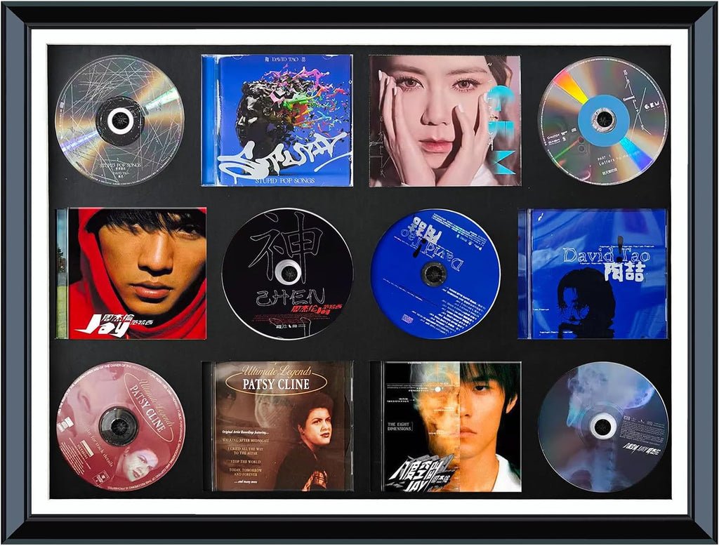 CD Case,CD/DVD Storage Rack Stand,Wood CD Display case/Frame,with high-definition tempered glass panel can accommodate6 standard size CDs and 6 covers.album cover display gift,music lover home décor