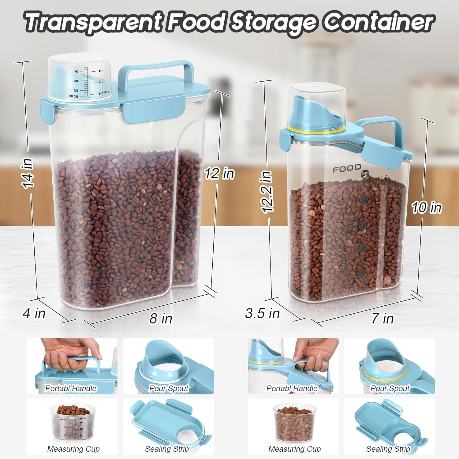Dog Food Storage Container, Upgraded Large Nozzle BPA-free, 3-5 LBS Plastic Pet Food Storage Containers, With 4 Sealed Clasps, 1 Measuring Cup and Handle (Bright blue-A)