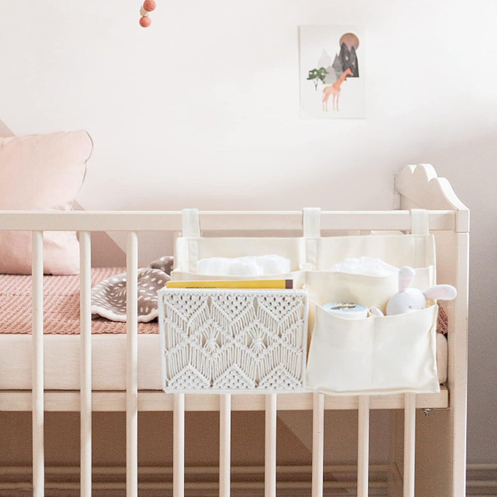 Mkono Bedside Caddy Hanging Organizer, Bunk Woven 7 Pockets Bed Storage Bag Boho Remote Magazine Books Holder with Macrame for Loft Bed College Dorm Bedroom Baby Bed Rails, Ivory