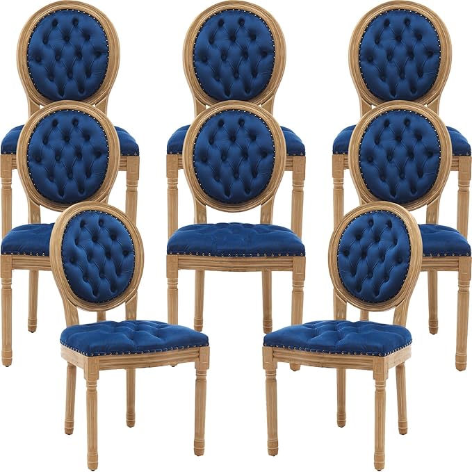 French Country Dining Chairs Set of 8, Blue Kitchen & Dining Room Chairs, Velvet Kitchen Chairs, Tufted Upholstered, Wood Legs, Sillas De Comedor (Velvet, Blue, 8 Pcs)