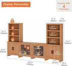 WAMPAT Entertainment Center with Bookshelves, 4-Piece Modular TV Stand with Storage Towers, Farmhouse Media Console with Glass Doors for Living Room, Bedroom, Mocha