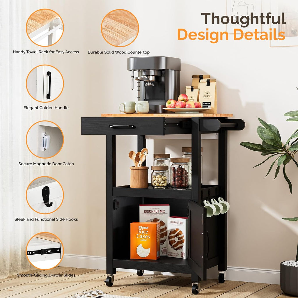VINGLI Rolling Kitchen Cart with Microwave Stand, Storage Cabinet & Drawer, Small Coffee Cart with Side Hooks & Towel Rods, Compact Kitchen Island on Swivel Wheels, Black