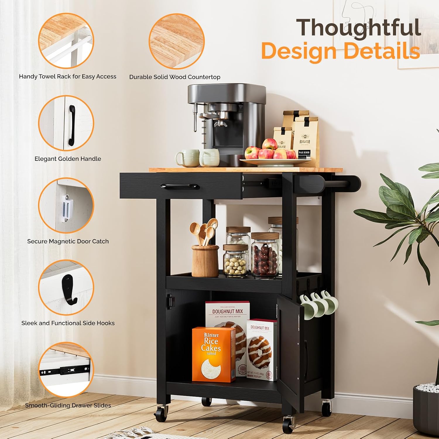 VINGLI Rolling Kitchen Cart with Microwave Stand, Storage Cabinet & Drawer, Small Coffee Cart with Side Hooks & Towel Rods, Compact Kitchen Island on Swivel Wheels, Black