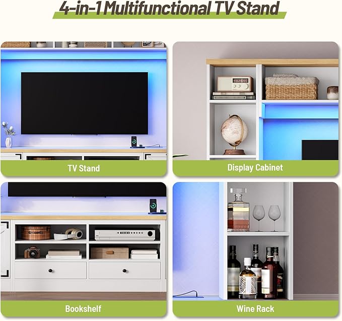 94.5" Wall Unit Entertainment Center with Doors, Farmhouse TV Stand with Bookshelves, Storage Cabinet, Fits TVs up to 78", Large Media Console with LED Light and Power Outlet, for Living Room