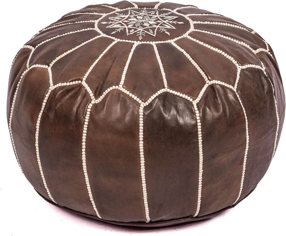 Moroccan Leather Handmade Pouf Ottoman Cover, Unstuffed Foot Stool, Round Boh...