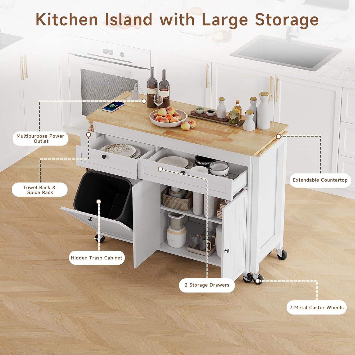 Kitchen Islands with Storage, Kitchen Island on Wheels with Extendable Dining Table and Power Outlet, Rolling Island Cart with Trash Cabinet, Spice Rack & Towel Rack, White