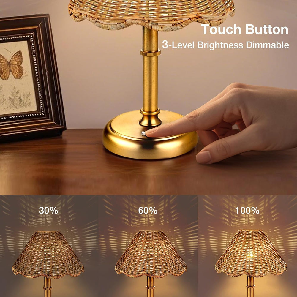 Mini Cordless Boho Rattan Table lamp, 5200-mAh Rechargeable Battery, 3-Level ...