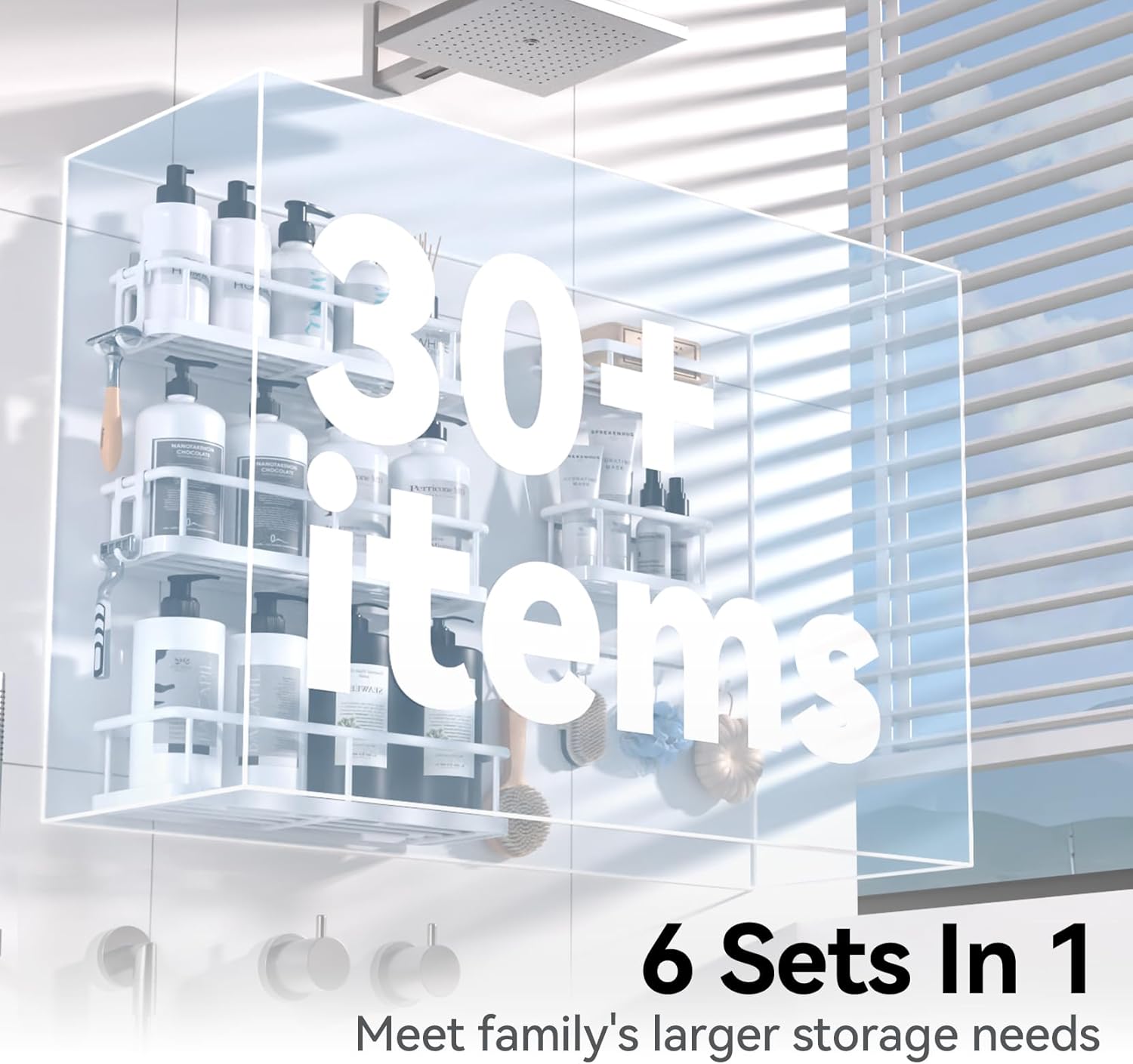 YASONIC Shower Caddy, Large Capacity Bath Organizer with Soap Holder and 12 Hooks, 6 Pack Rustproof Bathroom Shelves for Inside Shower, No Drilling&Sleek Bathroom Organizers and Storage White