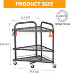 PLKOW Garden Tool Organizer with Wheels and Storage Hooks, Rolling Corner Tool Storage Rack for Garden, Shed, Garage, Powder Coated Steel, Black