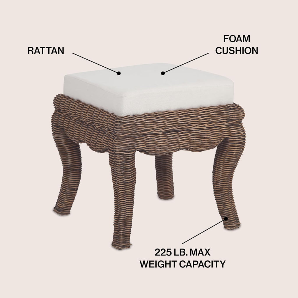 JONATHAN Y Rowan 19.7" Coastal Woven Rattan Vanity Stool, Black Wash | Bohemian Art Deco Accent, White Padded Upholstered Seat, Solid Mango Wood Base, Supports Up To 225 Pounds
