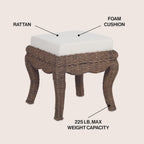 JONATHAN Y Rowan 19.7" Coastal Woven Rattan Vanity Stool, Black Wash | Bohemian Art Deco Accent, White Padded Upholstered Seat, Solid Mango Wood Base, Supports Up To 225 Pounds