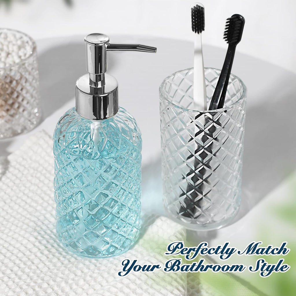 Bathroom Accessories Set, 4 Pack Clear Glass Bath Accessory Sets Complete, Diamond Soap Dispenser and Toothbrush Holder Set for Bathroom Counter Organizer Essentials, Modern Bathroom Decor