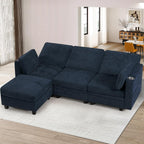 86" Chenille L-Shape Sofa w/& Adjustable Backrests, Blue | Upholstery 3-Seats Sofa w/Movable Storage Ottomans & Cup Holders, Modern Sectional Couch w/Charging Ports for Living Room