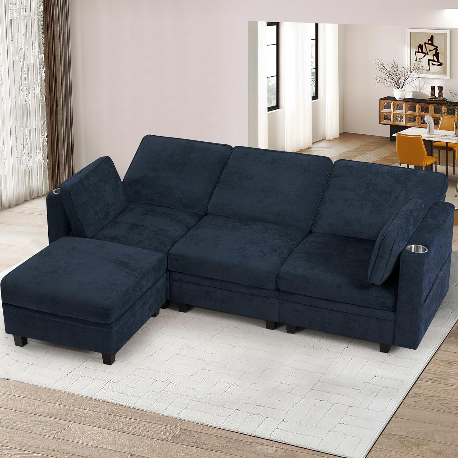 86" Chenille L-Shape Sofa w/& Adjustable Backrests, Blue | Upholstery 3-Seats Sofa w/Movable Storage Ottomans & Cup Holders, Modern Sectional Couch w/Charging Ports for Living Room