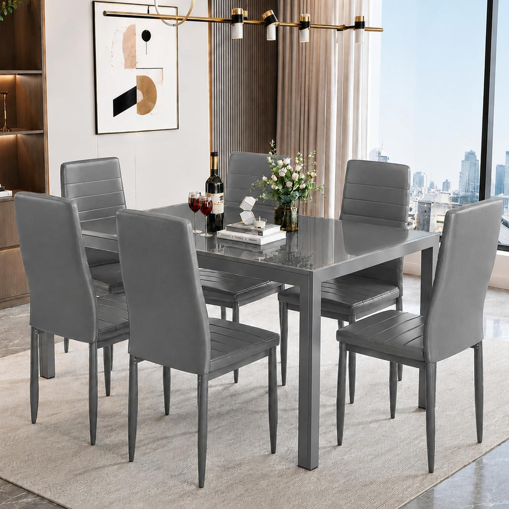 Recaceik 7 Piece Dining Table Set for 6, Tempered Glass Kitchen Table and PU ...