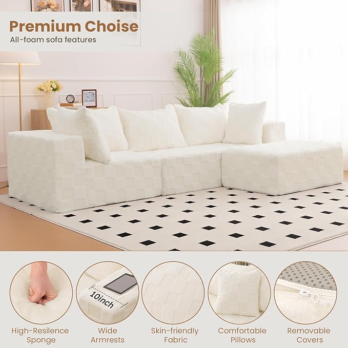 Modular Sectional Sofa, 108" L-Shaped Boneless Couch with Deep Seat, Corduroy Cloud Couch for Living Room, Bedroom, No Assembly Required, Ship in a Box, Checkered Beige