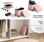 STORAGEBUD Storage Ottoman Cube with Small Bin, 16-in Square Ottoman with Storage for Living Room and Bedroom, Small Ottomans Foot Rest, Fabric Foot Stools Ottomans Max 330lbs, Pink