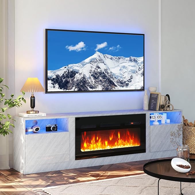 oneinmil 80” TV Stand with 36” Electric Fireplace, Large Modern Media Entertainment Center with Storage Cabinet and 12 Colors LED Lights for TVs Up to 90", Grey+Black