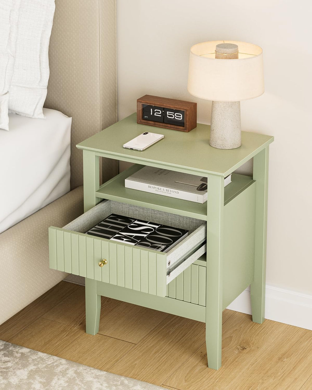 Fluted Nightstand, Farmhouse Night Stand with 2 Drawers, Mid Century Modern S...