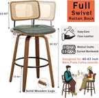 Swivel Bar Height Stools, Mid Century Modern Bar Stools wit Curved Back | Solid Bentwood Frame, Walnut Finish, Cane Back, PU Leather Upholstered Seat, Kitchen BarStools for Bar, Cafe, Pub, Restaurant