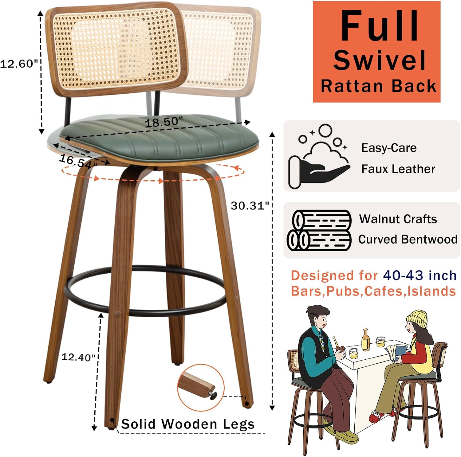 Swivel Bar Height Stools, Mid Century Modern Bar Stools wit Curved Back | Solid Bentwood Frame, Walnut Finish, Cane Back, PU Leather Upholstered Seat, Kitchen BarStools for Bar, Cafe, Pub, Restaurant