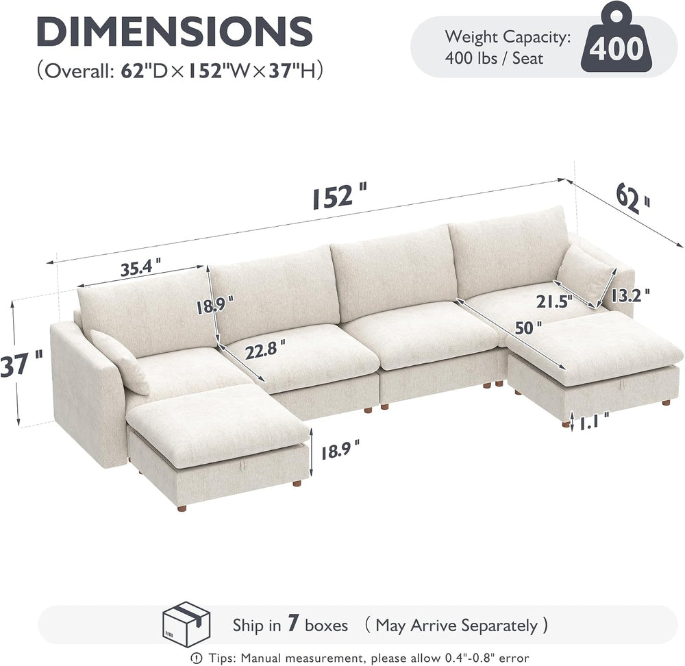 Ihanherry 152" Oversized Modular Sectional Sofa, Modern U Shaped Cloud C...