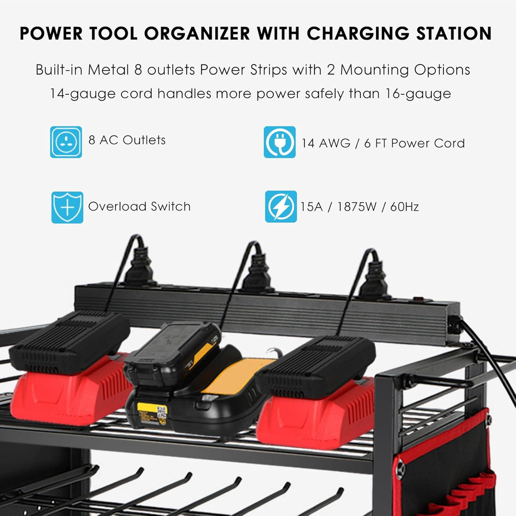 Garage Power Tool Organizer Cart with Charging Station, Floor Stand Rolling Drill Holder and Tool Battery Storage Cart on Wheels, 3-Layer Utility Rack Shelf with 8 Outlet Power Strip,Black