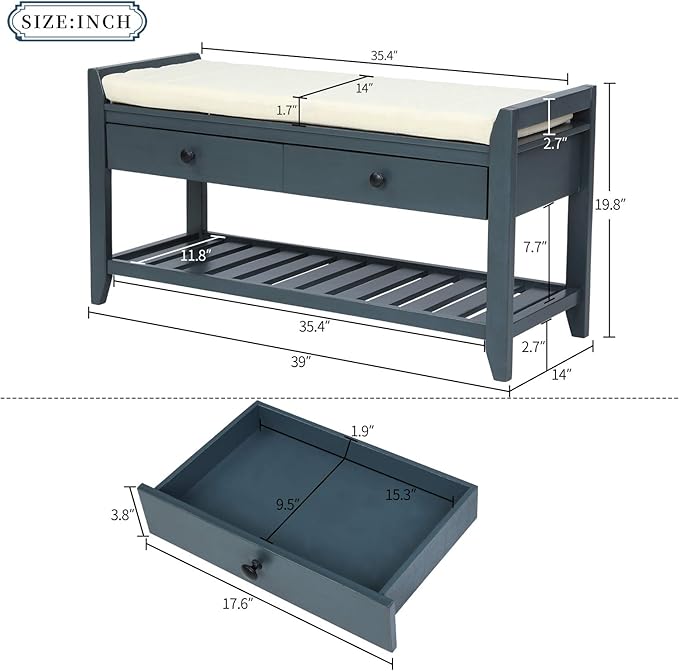 39″ Storage Bench with Cushioned Seat and Drawers,Multipurpose Wooden Entryway Ottoman,Hidden Compartment Organizing Shoe Rack,for Bedroom Hallway Porch,Antique Navy