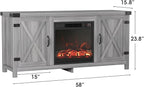 JUMMICO Fireplace TV Stand, Farmhouse Entertainment Center with Fireplace and Shelves, Double Barn Doors Storage Cabinets for TVs to 65+ Inch for Living Room (Grey)
