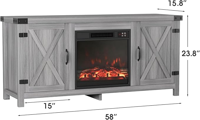 JUMMICO Fireplace TV Stand, Farmhouse Entertainment Center with Fireplace and Shelves, Double Barn Doors Storage Cabinets for TVs to 65+ Inch for Living Room (Grey)