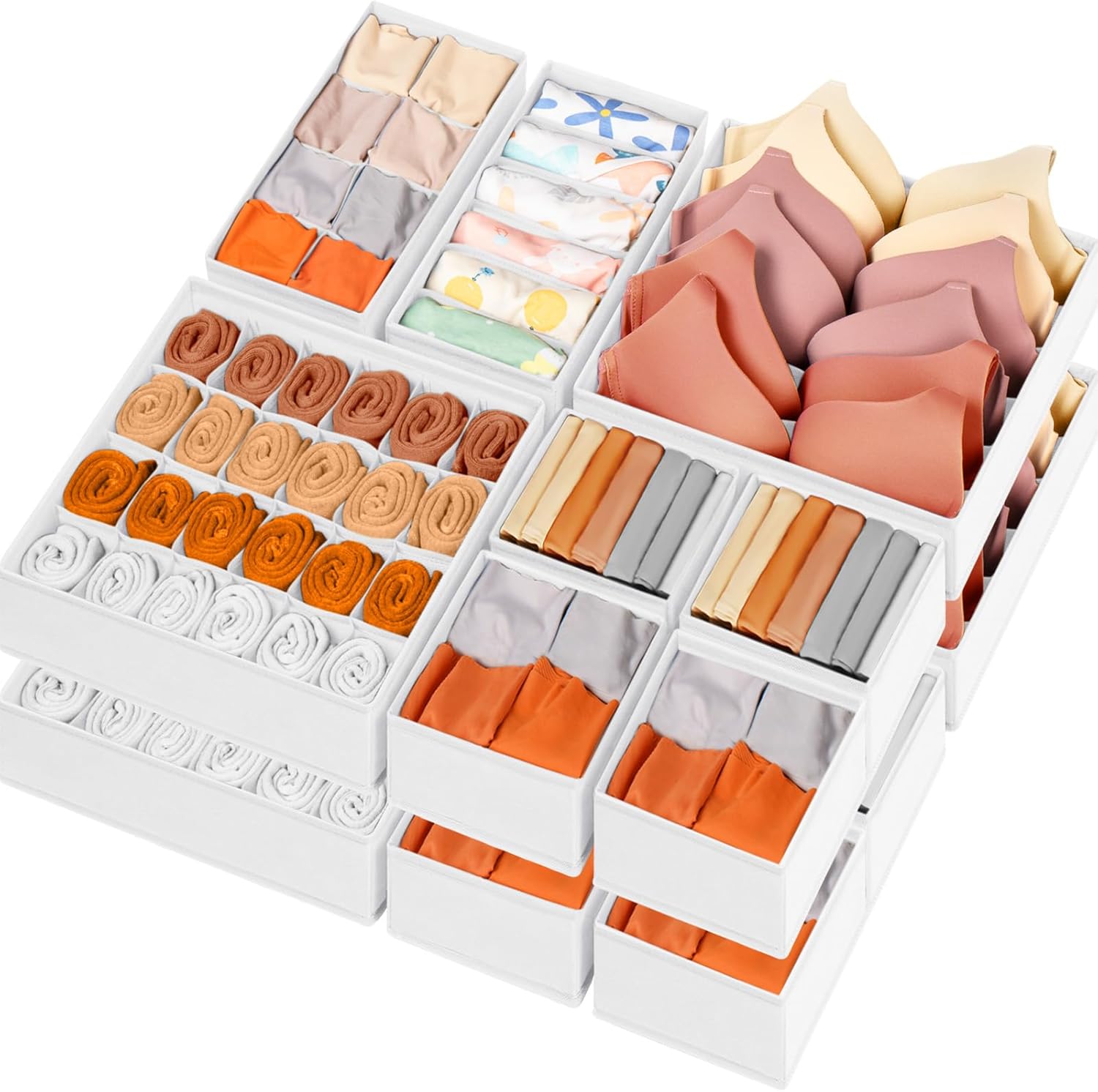 Criusia Drawer Organizer Clothes, 16 Pack Dresser Organizer Bins for Baby Clothes, Underwear Sock, Fabric Closet Organization and Storage Dividers for Nursery Bedroom (96 Compartments, White)