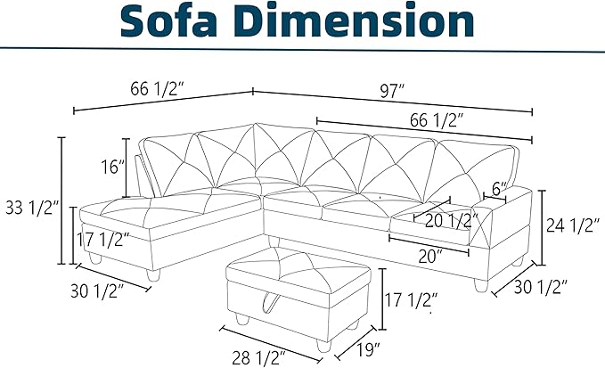 Sectional Couches for Living Room with Movable Chaise & Storage Ottoman - 97.5" Velvet L Shaped Couches for Living Room Apartment, 4 Seat Home Furniture Modular Sectional Sofas, Black Blue