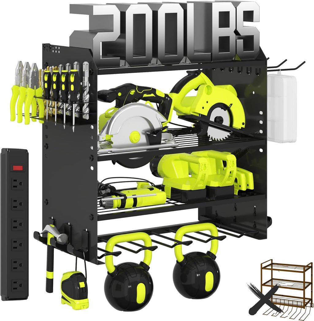 4 Layer Heavy Duty Power Tool Organizer Wall Mount with Charging Station, Adjustable Metal Storage Rack, 6 Outlets Strip, Drill Holders, Hooks & Drill Bit Rack for Garage, Workshop, Black