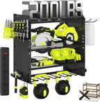 4 Layer Heavy Duty Power Tool Organizer Wall Mount with Charging Station, Adjustable Metal Storage Rack, 6 Outlets Strip, Drill Holders, Hooks & Drill Bit Rack for Garage, Workshop, Black