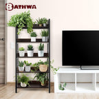 BATHWA 5 Tier Book Shelf, Rustic Industrial Ladder Bookshelf Wood Metal, Dark Brown Farmhouse 28'' Wide 59''Tall Ladder Shelf Living Room, Bedroom, Home Office