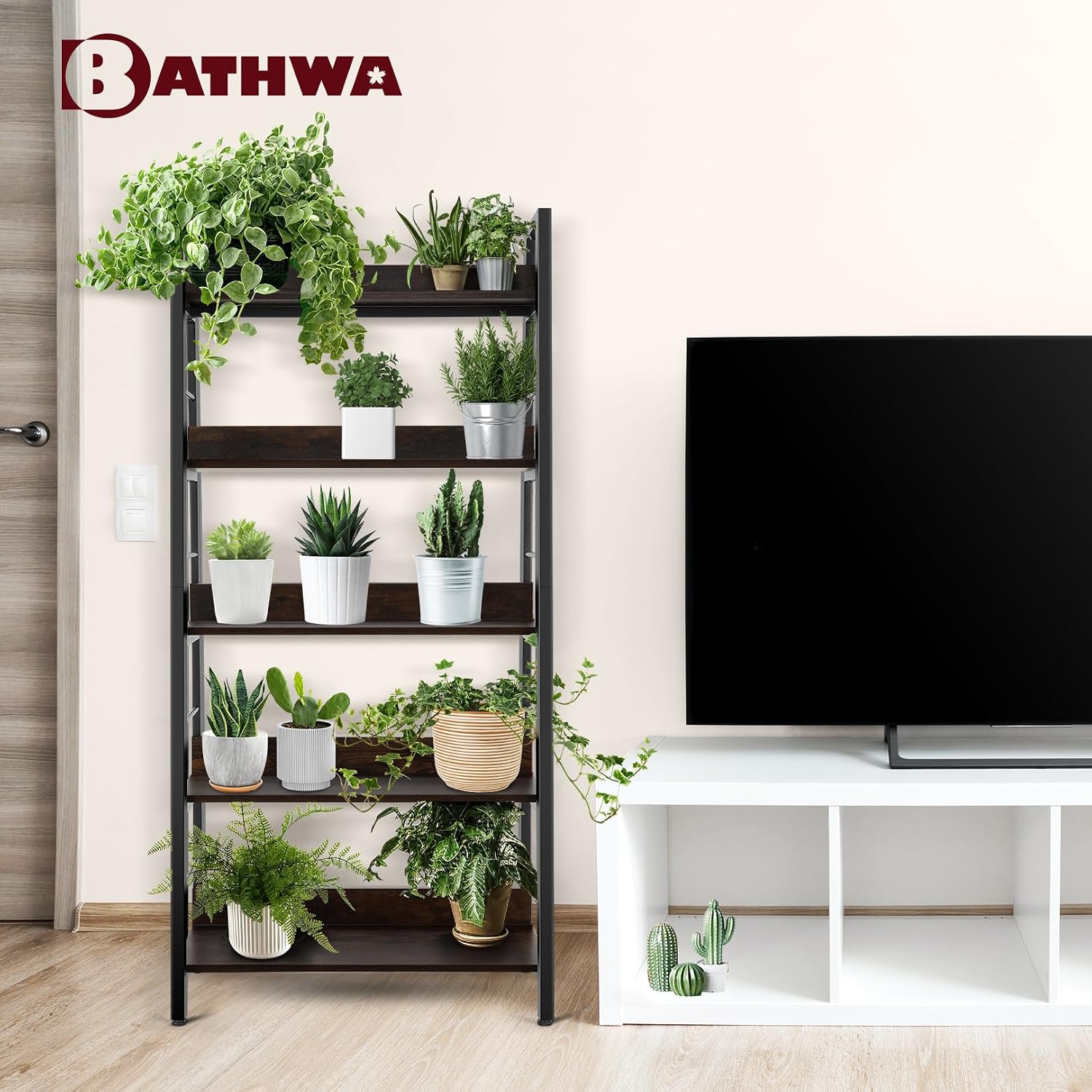 BATHWA 5 Tier Book Shelf, Rustic Industrial Ladder Bookshelf Wood Metal, Dark Brown Farmhouse 28'' Wide 59''Tall Ladder Shelf Living Room, Bedroom, Home Office