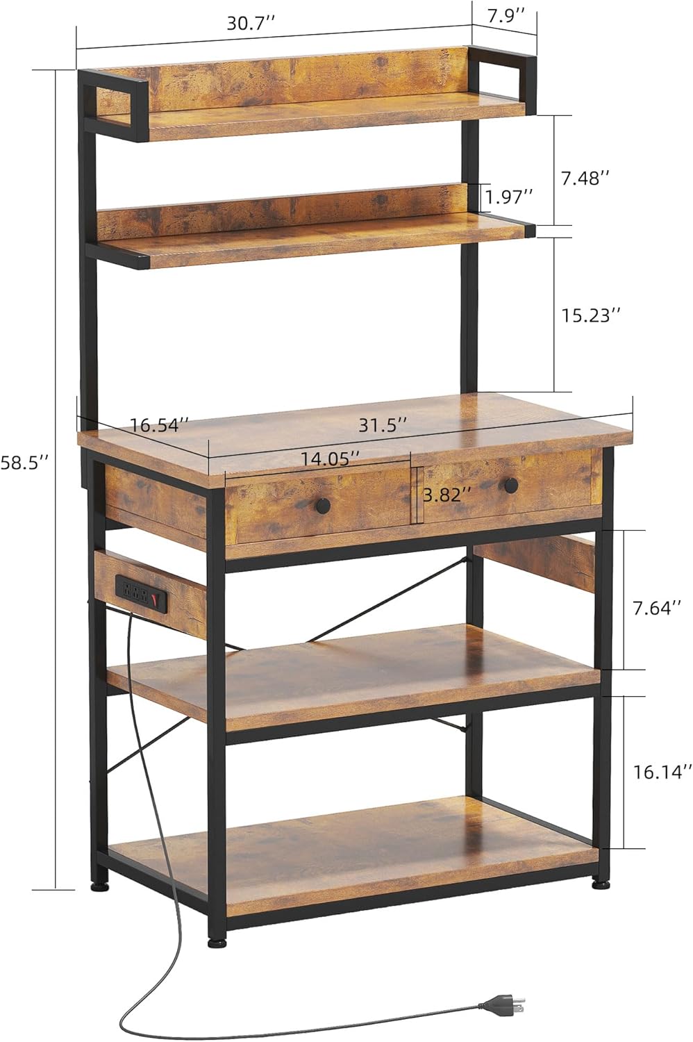 Mexin Bakers Rack with Power Outlets, 5-Tier Microwave Oven Stand with 2 Drawers, Kitchen Stand Coffee Bar Table with Storage, Heavy Duty Kitchen Shelves(Brown)