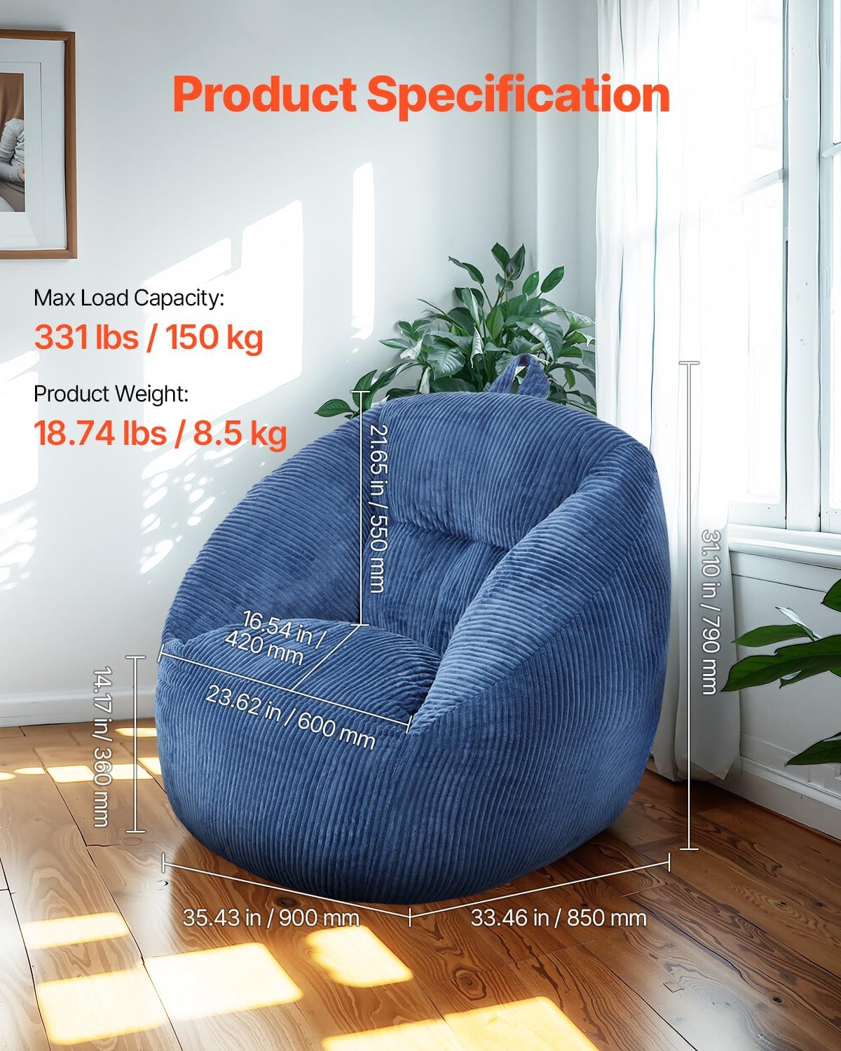 VEVOR Bean Bag Chair, 3 feet Bean Bag Chair with Soft Armrests and Storage Pocket, 25D Memory Foam Filled with Soft Teddy Velvet Cover, Bean Bag for Bedroom or Playroom, Blue