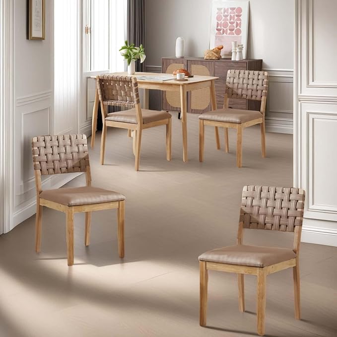 VINGLI Khaki Woven Wooden Dining Chairs Set of 4,Armless Mid Century Modern Desk Chairs with Rivet&Foot Pegs,Upholstered Farmhouse Comfy Chair No Wheels for Dining Room,Living Room,Kitchen,Oak,Suede