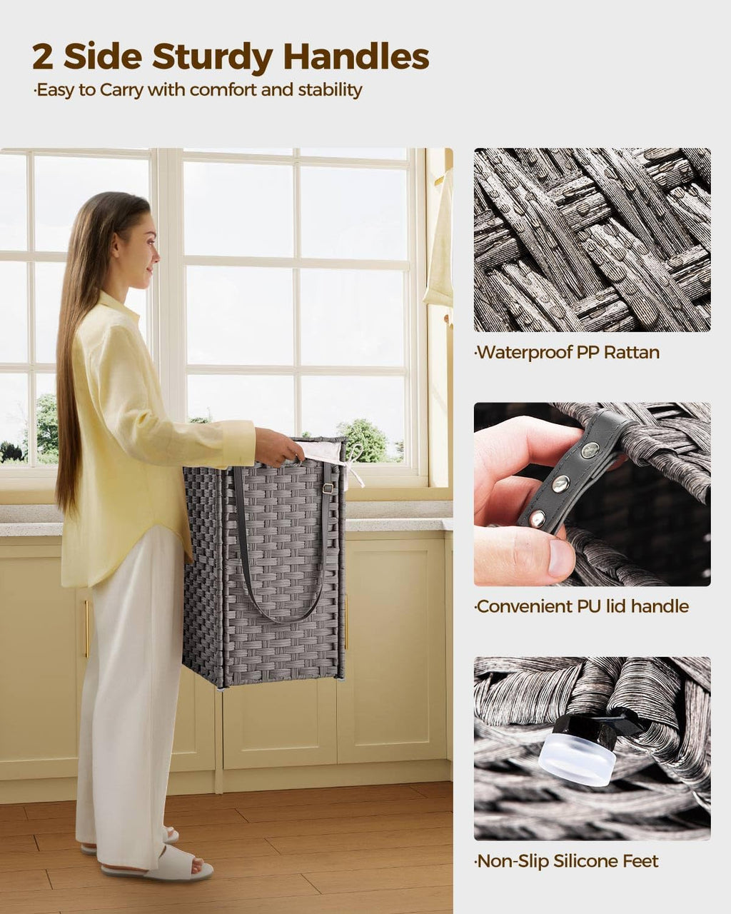 Greenstell Laundry Hamper with Wheels, No Install Needed, 110L Divided Handwoven Hampers & 2 Removable Liner Bags, Rattan Clothes Laundry Basket with Lid & Handles, Foldable Hampers Gray 22x13x26.4 In