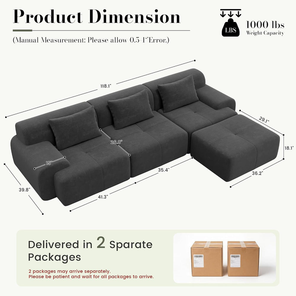 GRUSIGN 118'' Modular Sofa,Sectional Couch for Living Room | Tufted O...